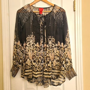 V Cristina Long Sleeve Sheer Pleated Button Up Black Tan Gem Flowy Size Small